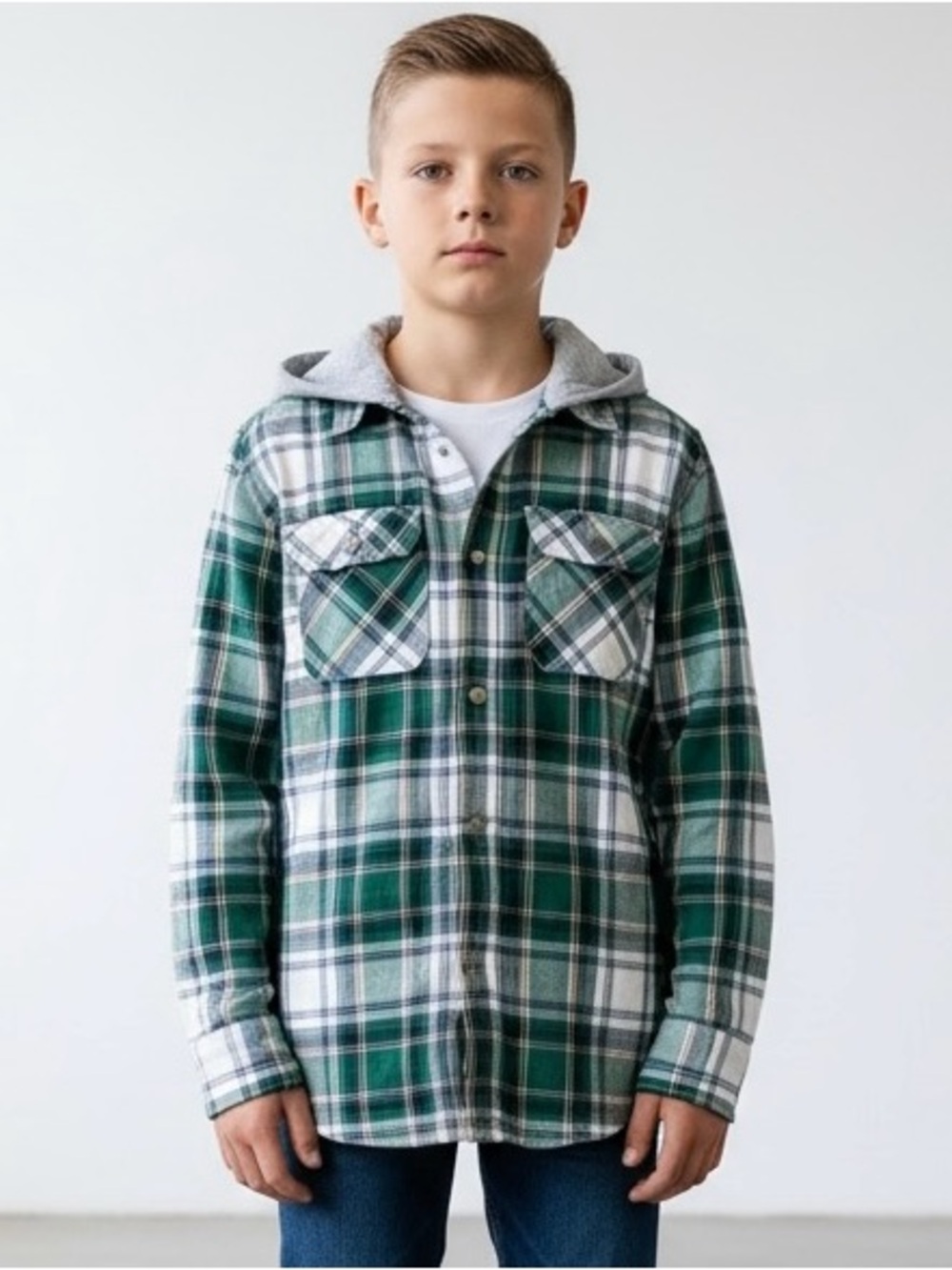 H & M Chill Vibes‎ Flannel Hoodie Boys Size 11-12Y Green Plaid Snap Front